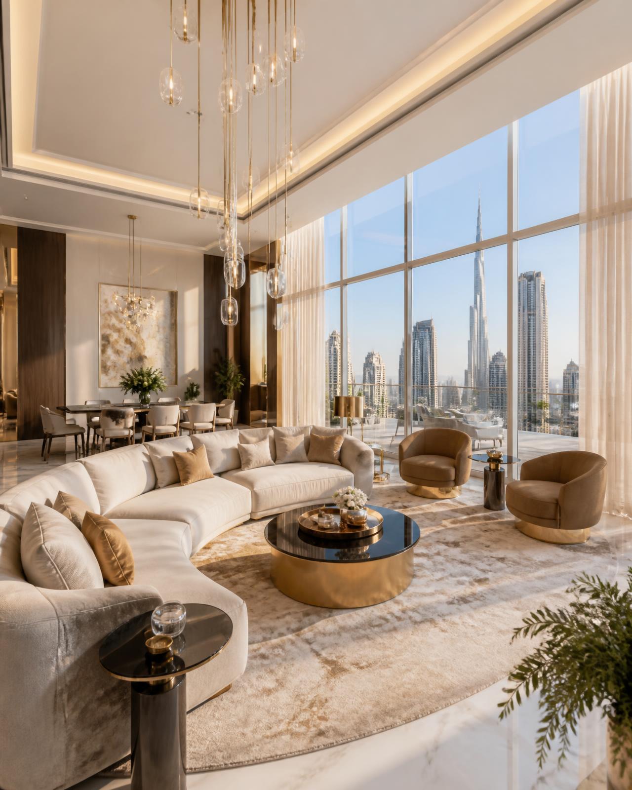 Bright luxury Dubai penthouse living room with skyline view