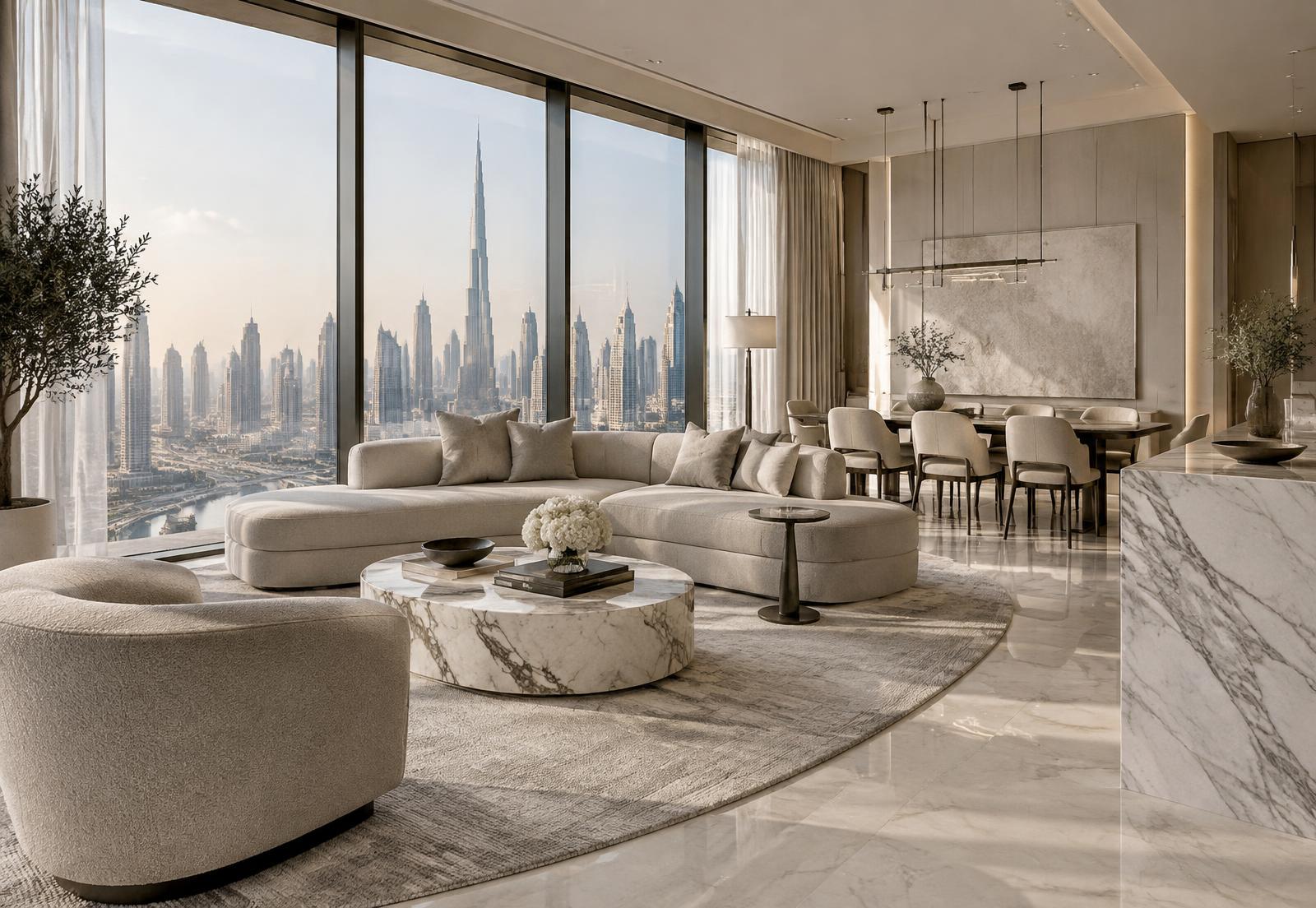 Marble interiors, Burj views