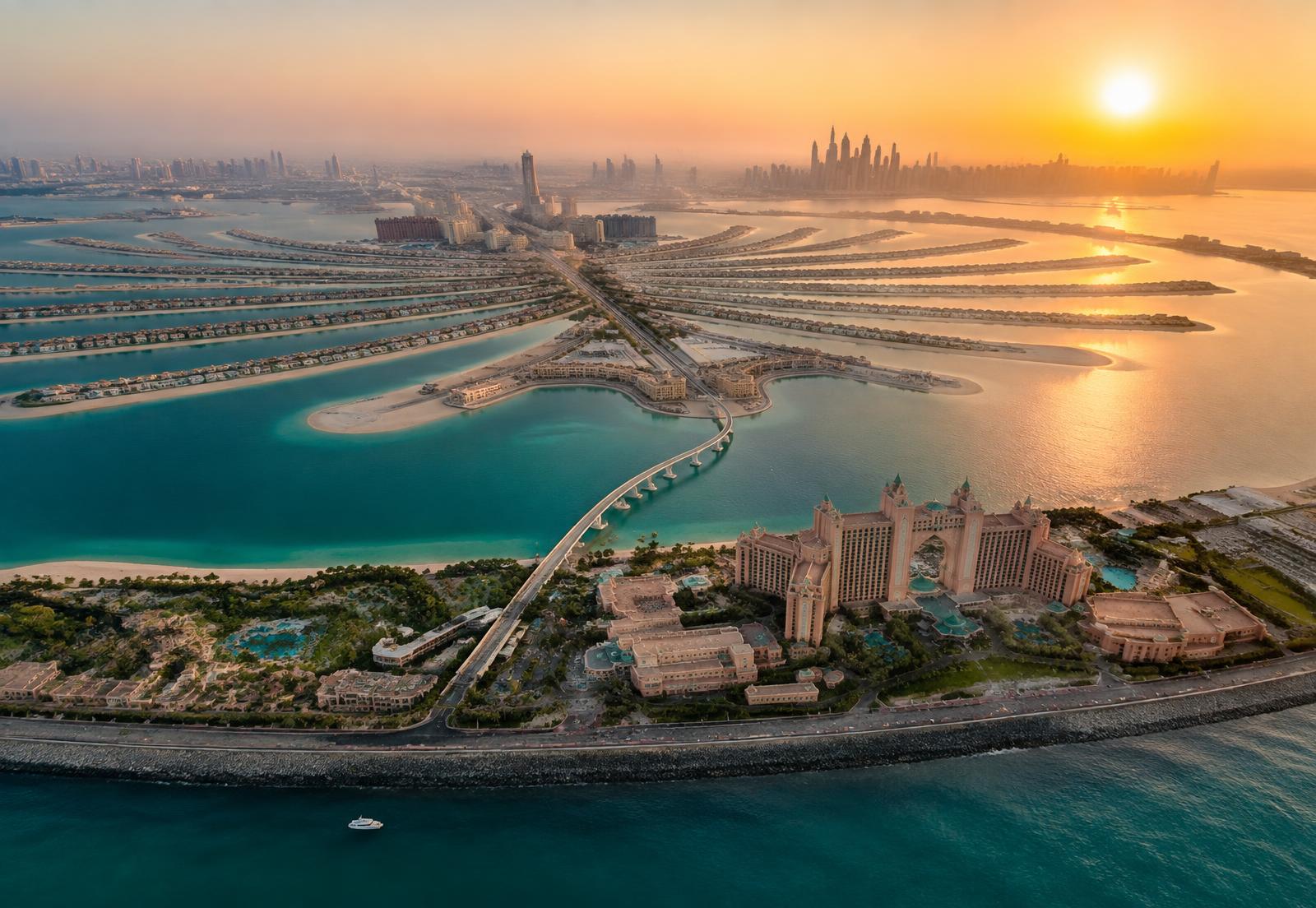 The fronds of Palm Jumeirah at golden hour