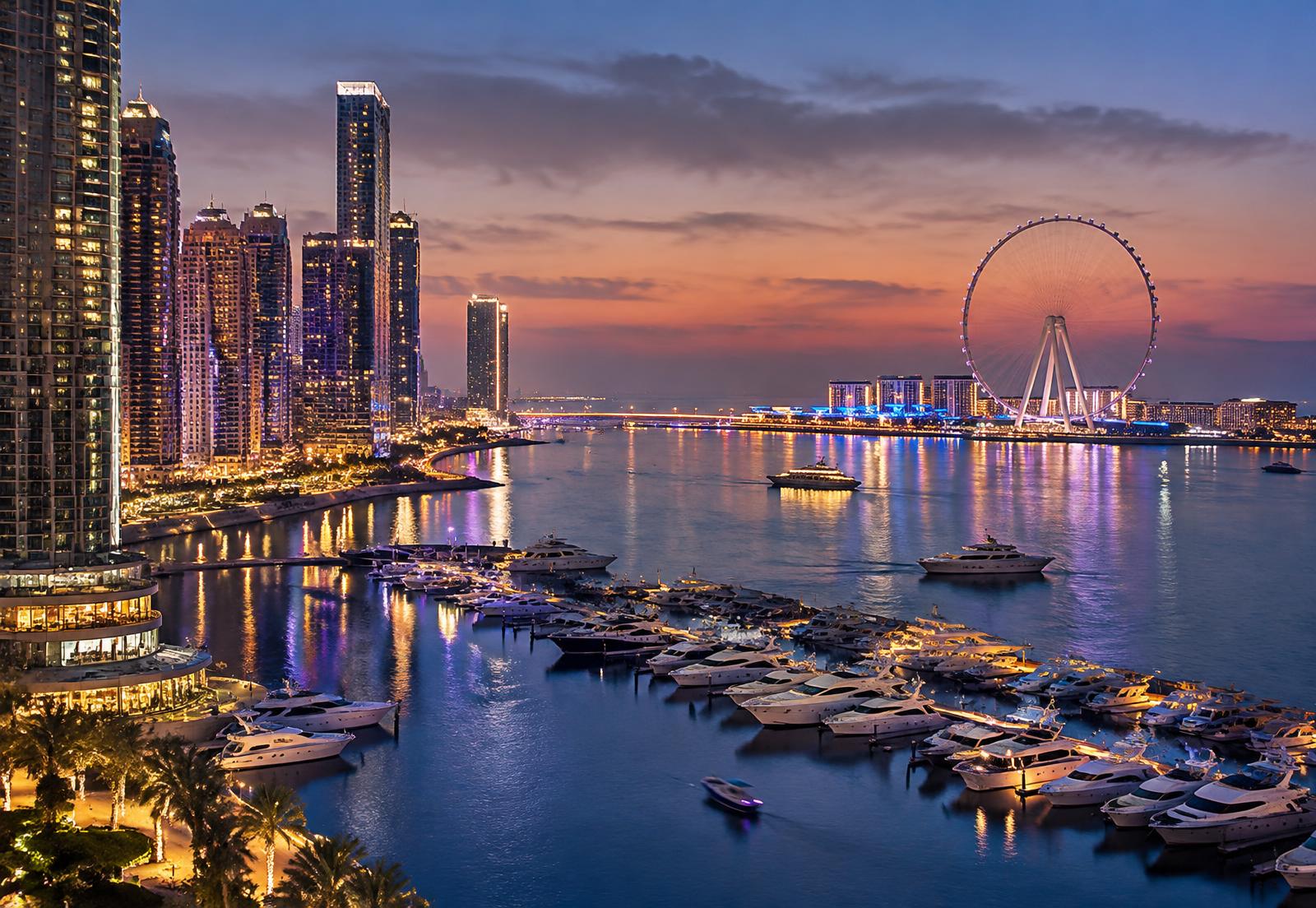 Marina yachts and Bluewaters at dusk