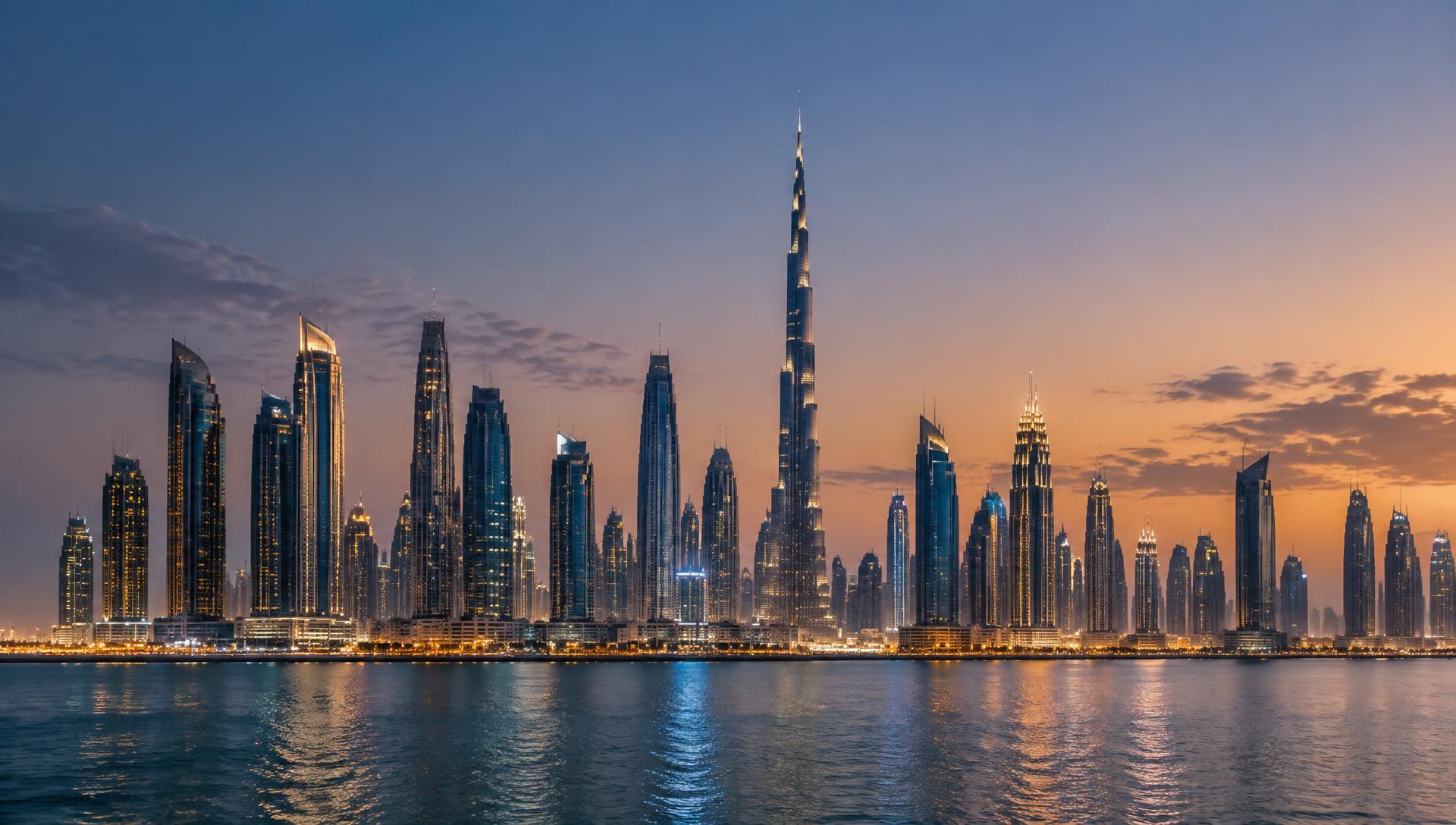 Dubai waterfront skyline at dusk